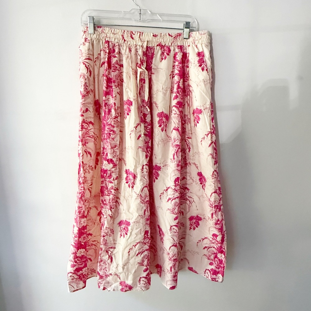Zara Midi Skirt Women XL Pink Floral Toile 100% Cotton Boho Cottagecore Coquette